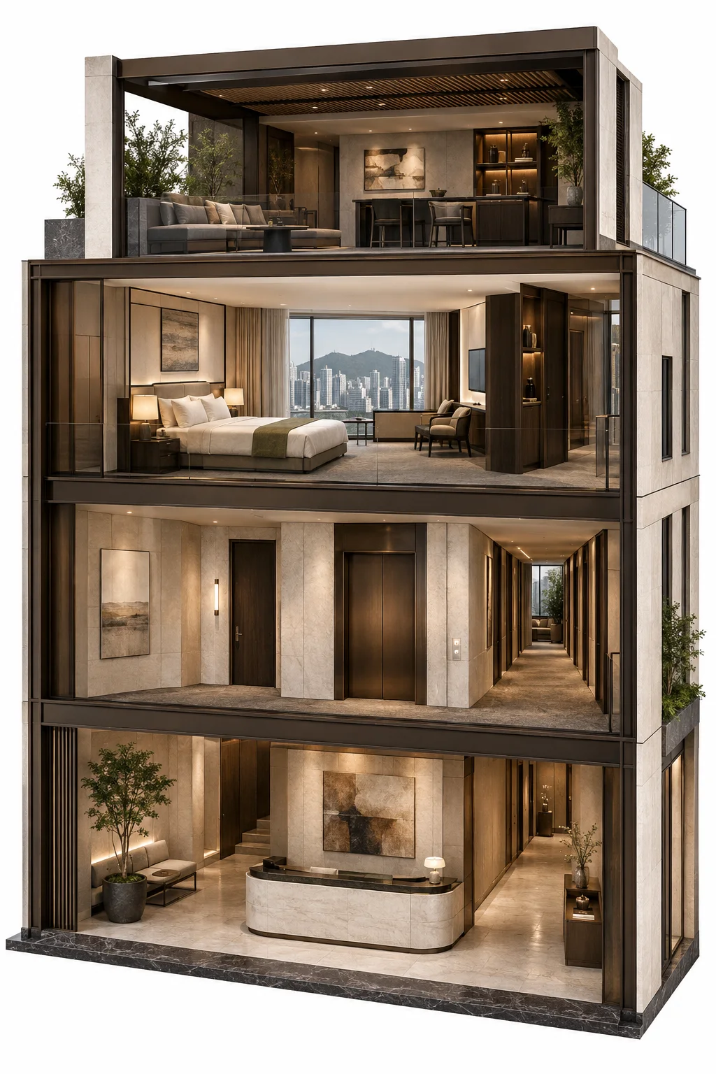 Hotel illustration showing guest reception, lift access and leisure facilities