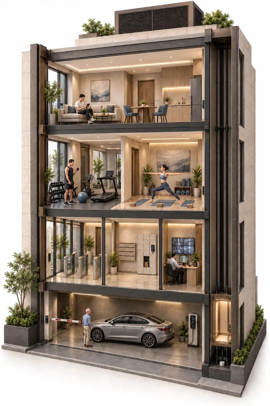 Residential building cutaway with an apartment, gym and yoga room, lift access, entrance readers, mailboxes and parcel lockers, a management office, and parking with an entry barrier and EV charger.