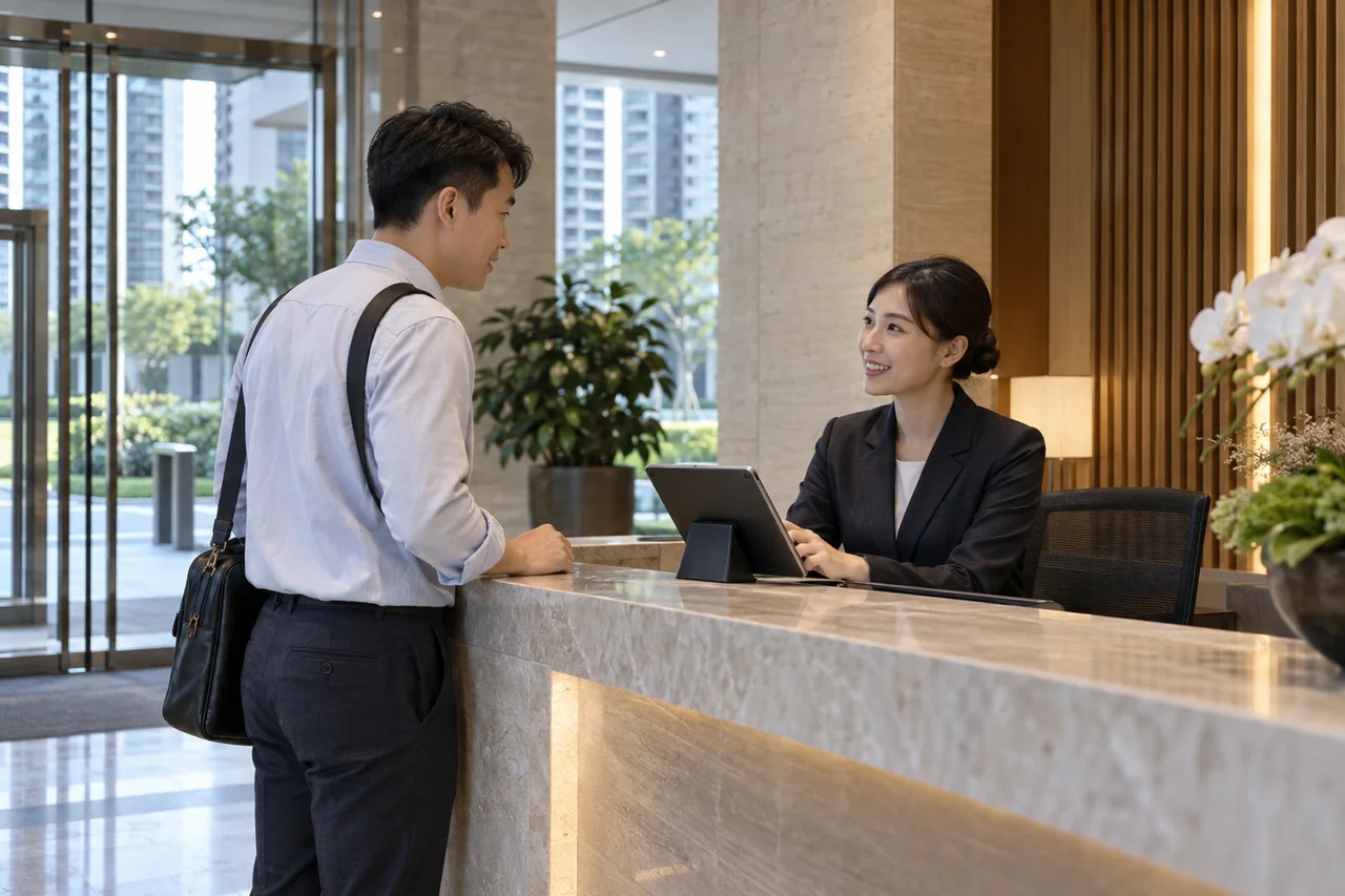 Visitor speaking with reception staff using a tablet at a residential lobby desk