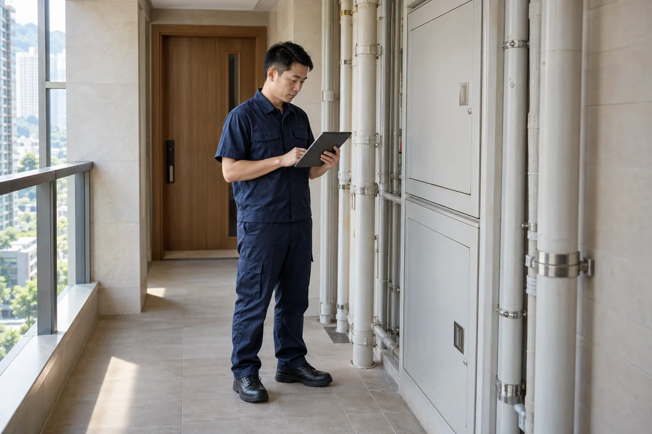 Maintenance staff inspecting building services in a Hong Kong residential property