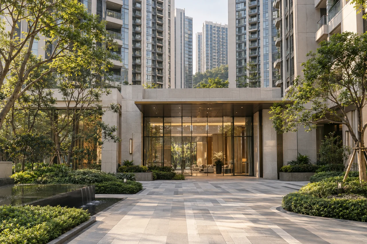 Landscaped arrival courtyard and residential towers in Hong Kong