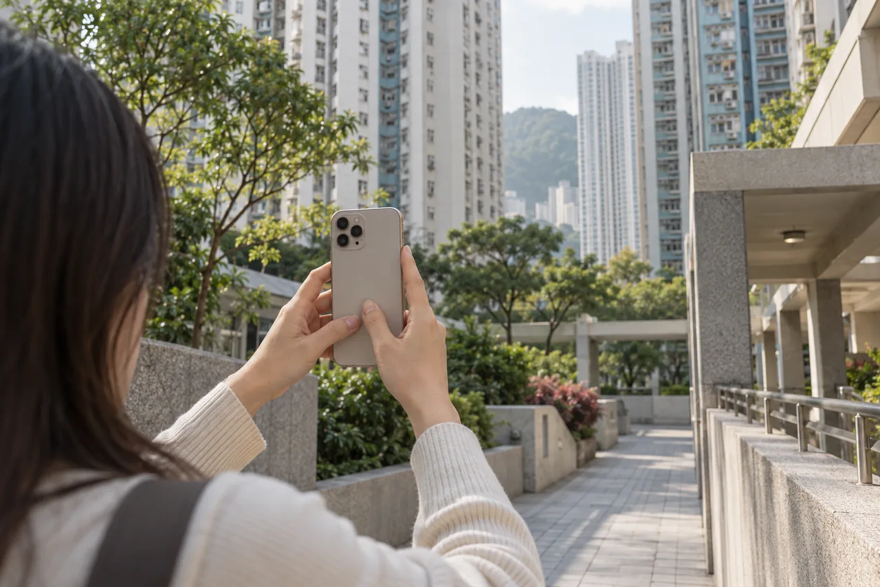 Person holding a smartphone on a residential walkway