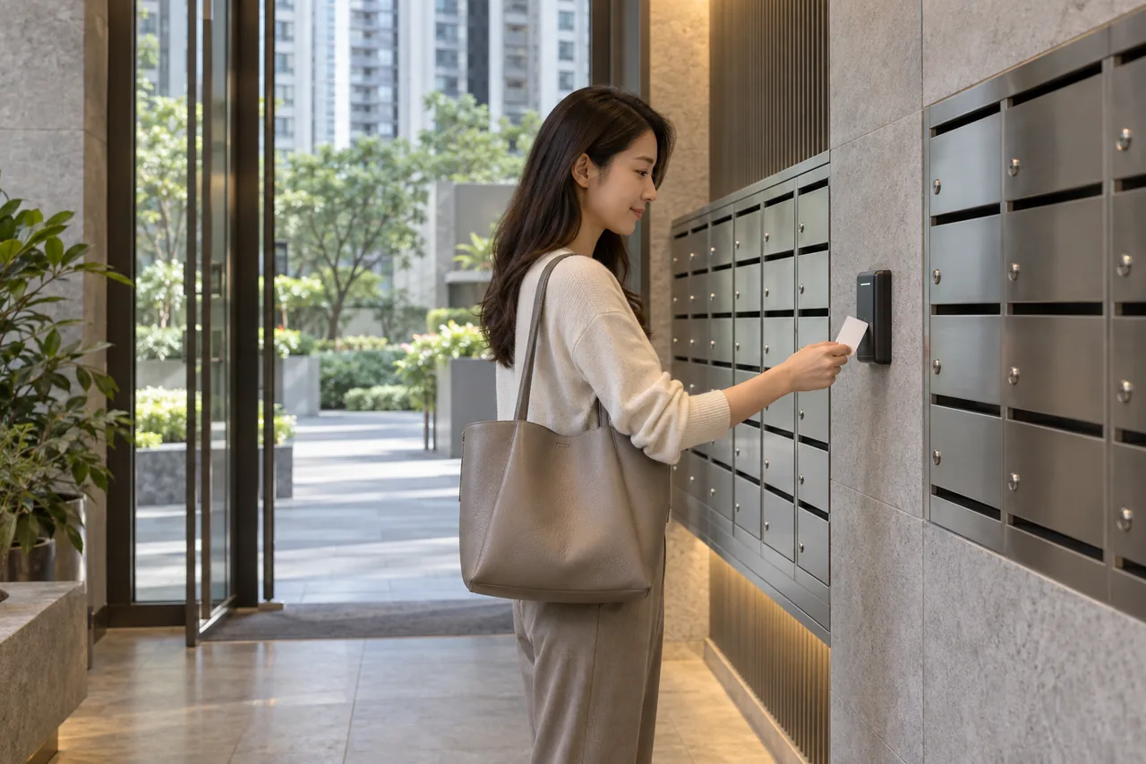Close view of residential mailbox doors and access reader