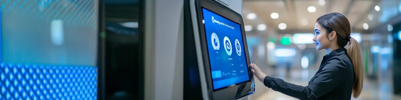 Visitor using a wall-mounted touchscreen in a lobby