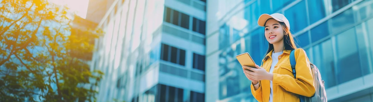Visitor holding a phone outside a building