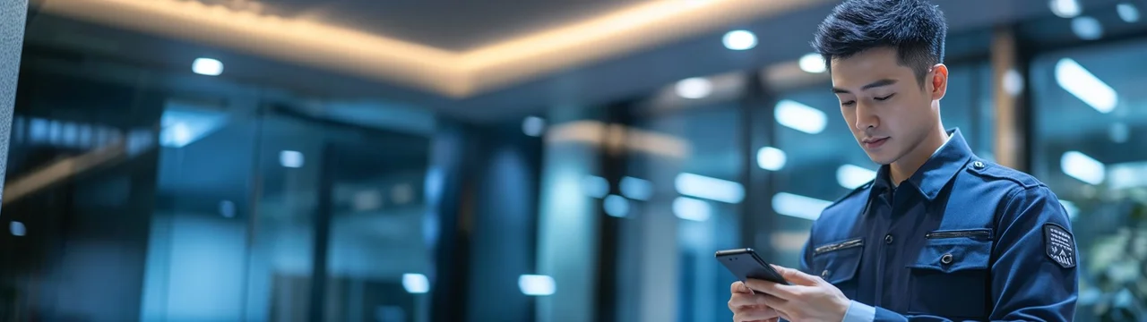 Uniformed staff member using a mobile device in a lobby